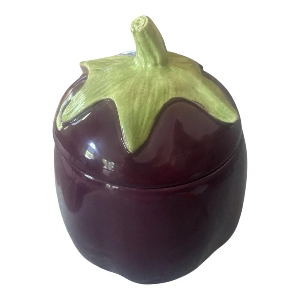 Vintage 1990 H & HD Dark Purple Ceramic Eggplant Canister Jar Made In Mexico